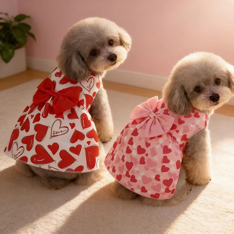 Spring Dog Princess Dress Heart Patten Pet Skirt Cute Dog¡®s Summer Dress Bow Lace for Small Medium Puppy Poodle Chihuahua