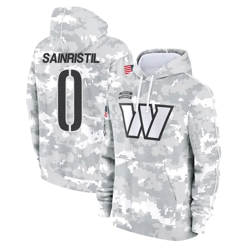 W.Commanders #0 Mike Sainristil Player Arctic Camo Salute to Service Hoodies Stitched Jerseys