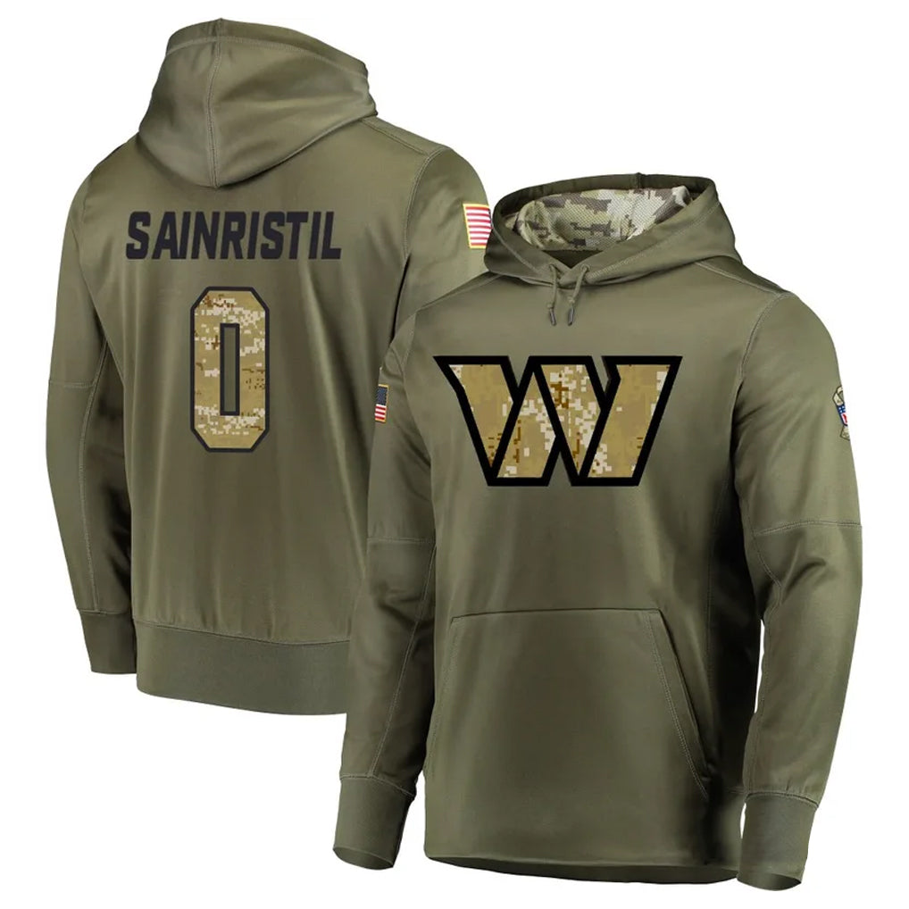 W.Commanders #0 Mike Sainristil Player Olive Salute to Service Hoodies Stitched Jerseys