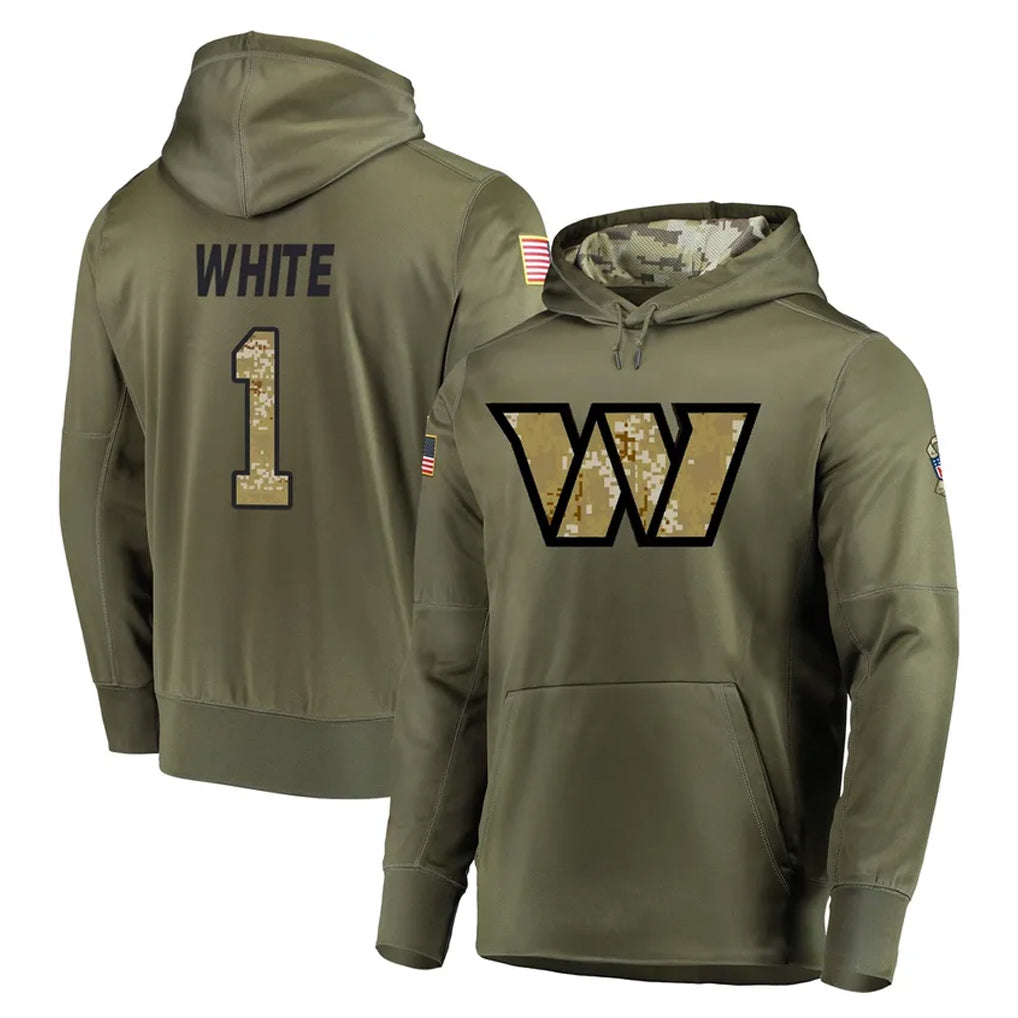W.Commanders #1 Rachaad White Player Olive Salute to Service Pullover Hoodie Limited Home Game Stitched Jerseys