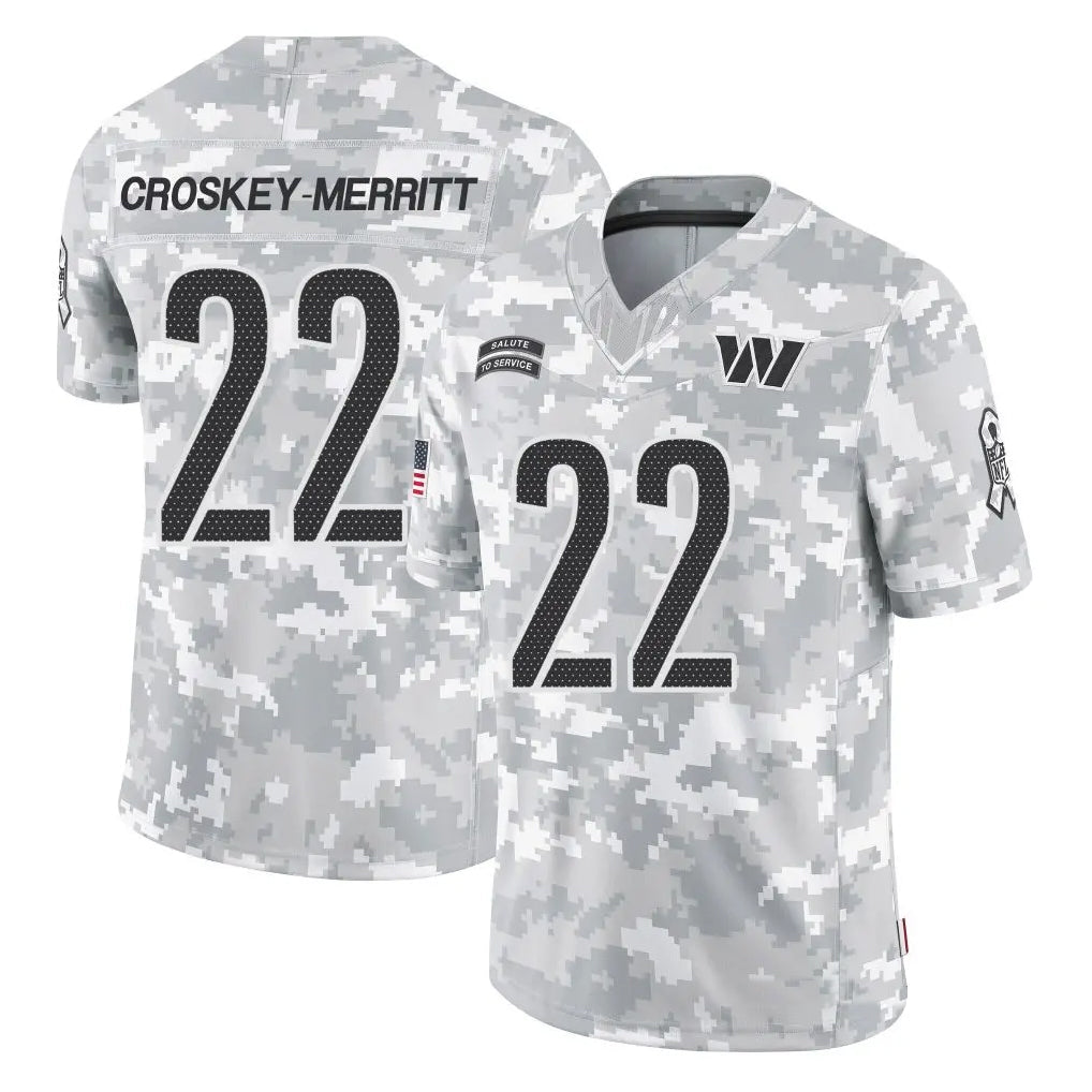 W.Commanders #22 Jacory Croskey-Merritt Player Arctic Camo Salute to Service Limited Stitched Jerseys