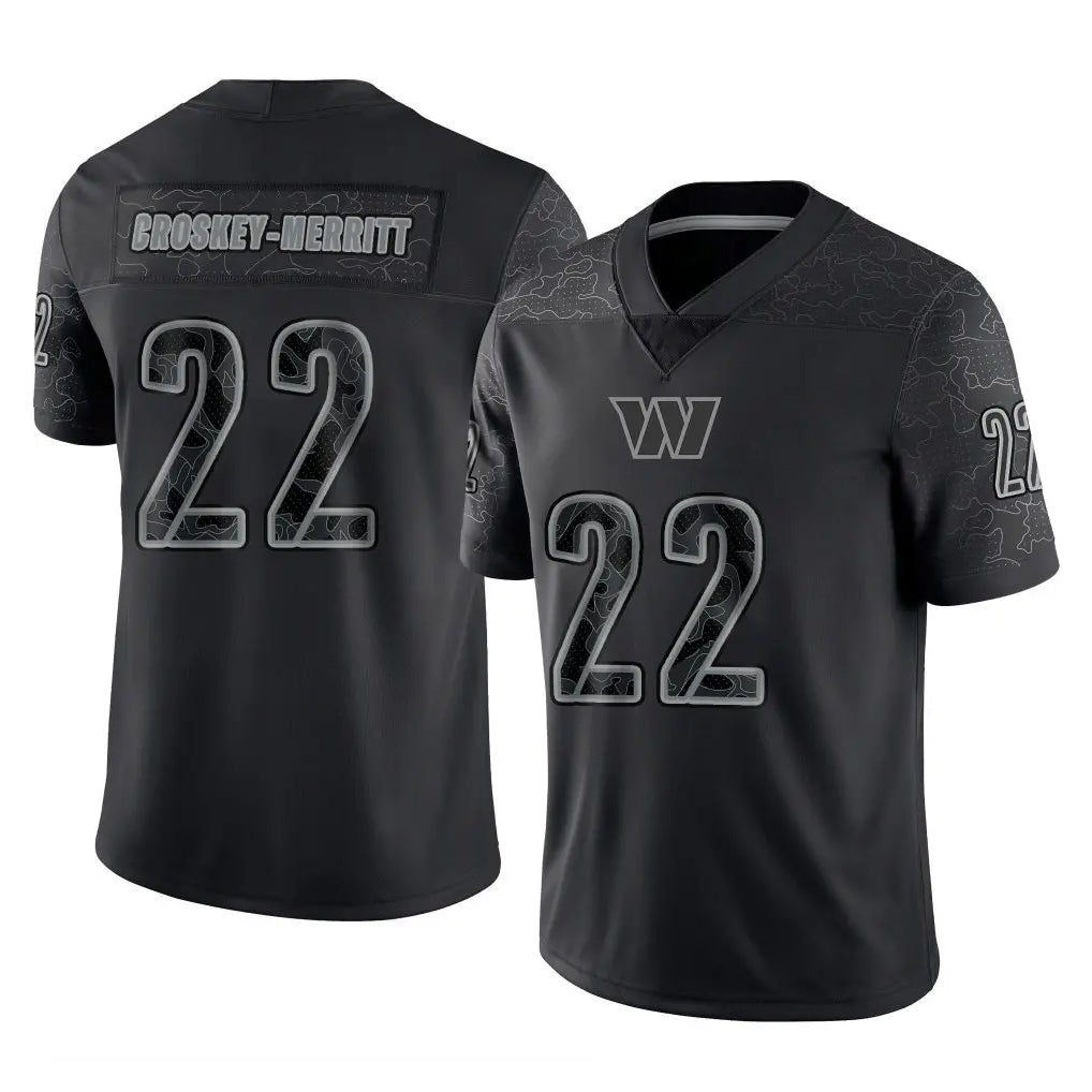 W.Commanders #22 Jacory Croskey-Merritt Player Black Limited Reflective Home Game Stitched Jerseys