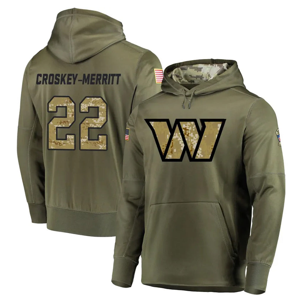 W.Commanders #22 Jacory Croskey-Merritt Player Olive Salute to Service Limited Hoodies Stitched Jerseys