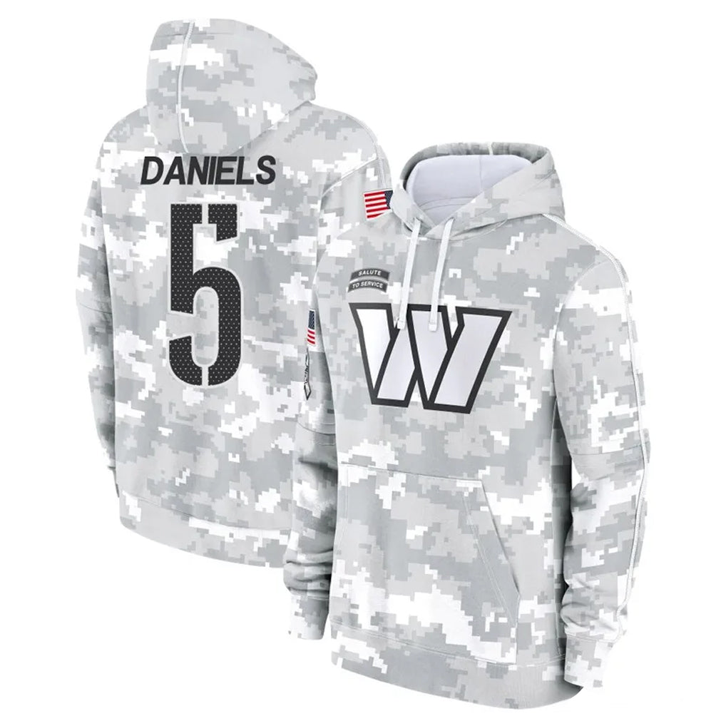 W.Commanders #5 Jayden Daniels Player Arctic Camo Limited Salute to Service pullover hoodies