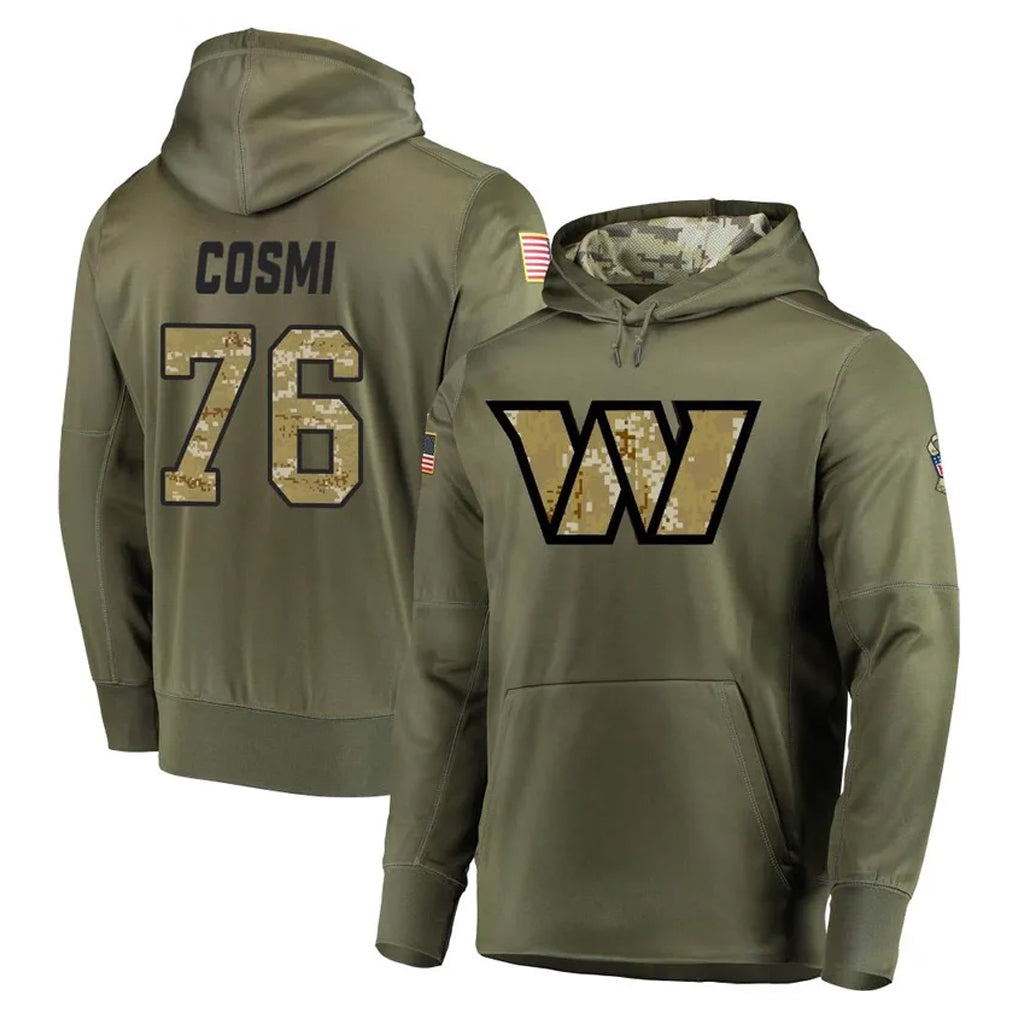 W.Commanders #76 Sam Cosmi Player Olive Salute to Service Pullover Hoodie Limited Home Game Stitched Jerseys