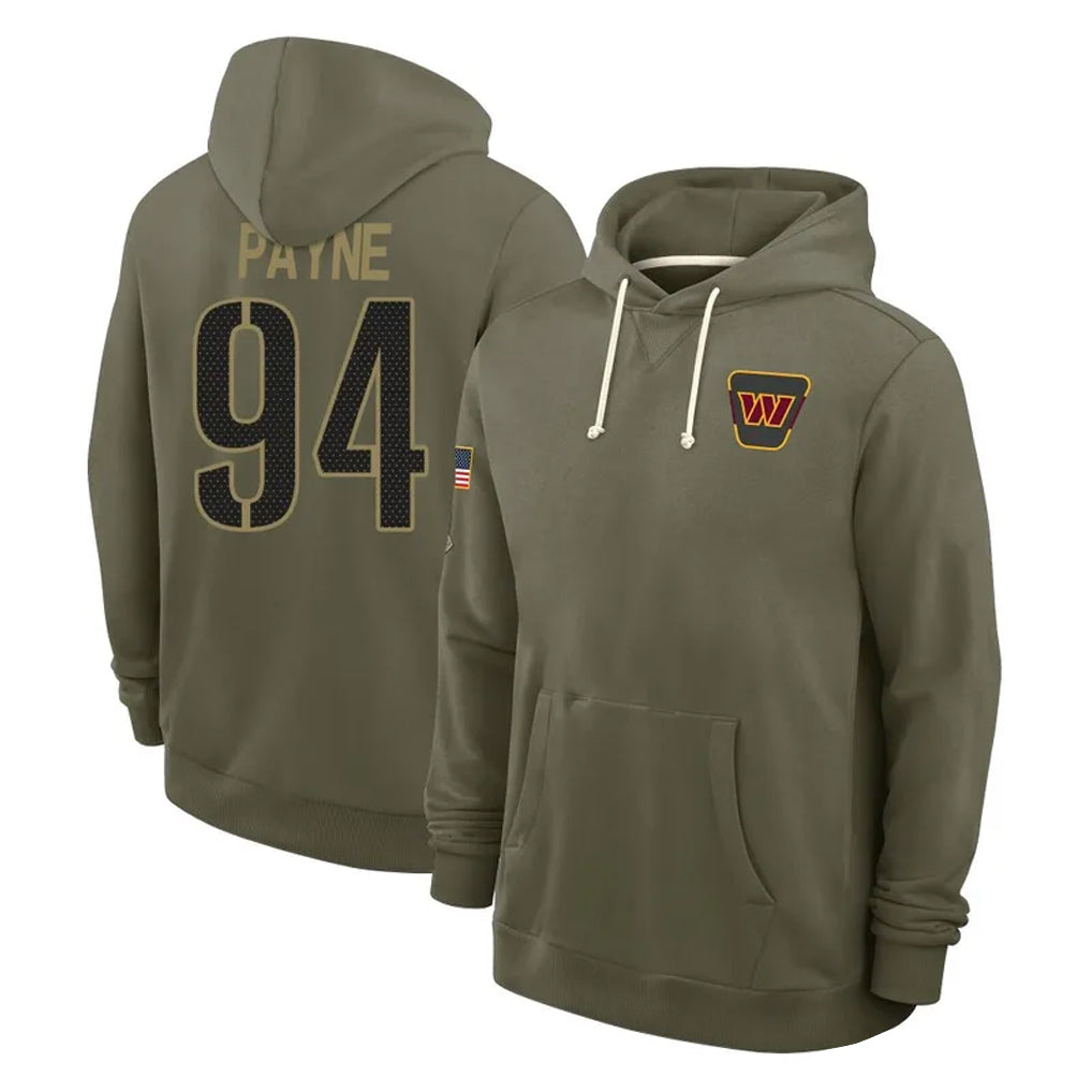 W.Commanders #94 Daron Payne Player Olive Salute to Service Pullover Hoodies Limited Home Stitched Jerseys